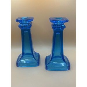 Antique Candelabra Mosser AQUA MARINE Mercury Blue Glass Taper Candle Holder SET